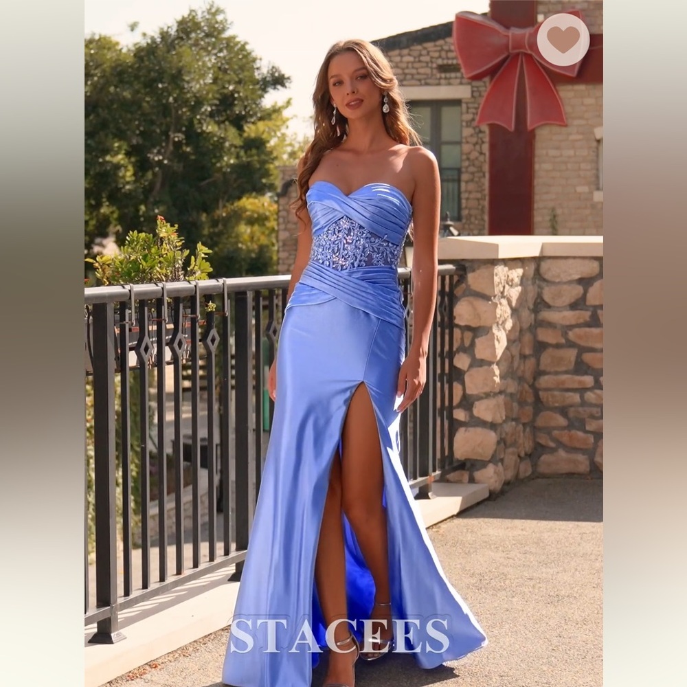 STACEES - Strapless Sheer Embroidery Ruched Corset Prom Dress with Slit - Size 8